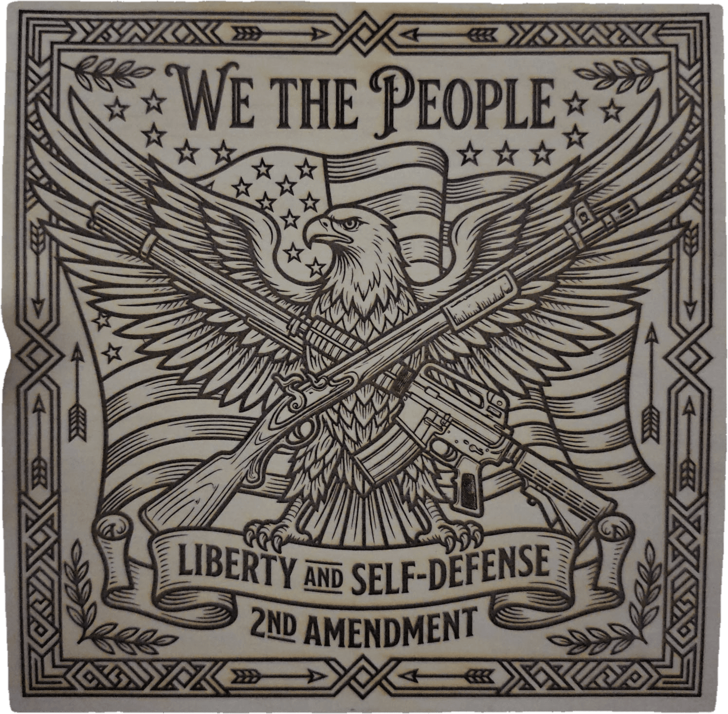 Detailed custom wooden engraving featuring an eagle, American flags, and ornamental linework